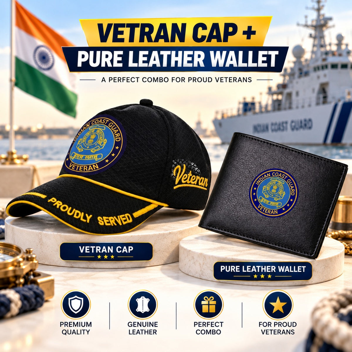 Indian Coast Guard Veteran Black Cap & Black Leather Wallet Combo – Premium Classic Edition