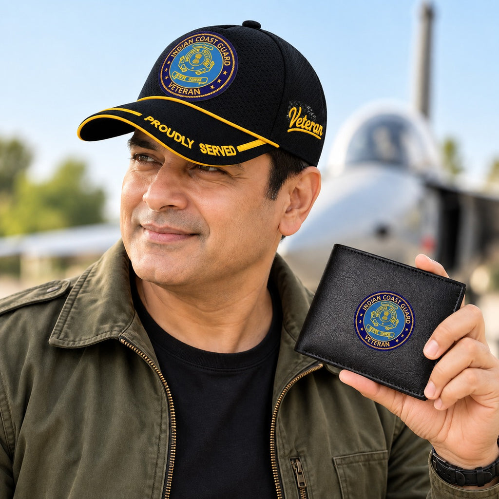 Indian Coast Guard Veteran Black Cap & Black Leather Wallet Combo – Premium Classic Edition