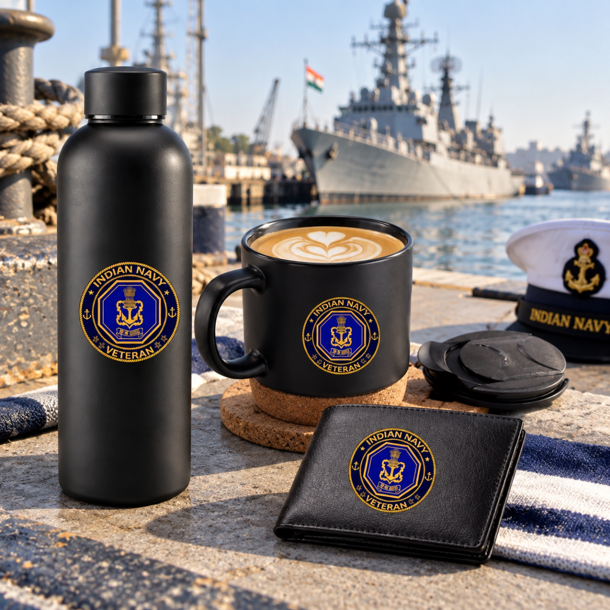 Indian Navy Veteran Premium Combo Pack of 3 – Bottle, Coffee Mug & Leather Wallet
