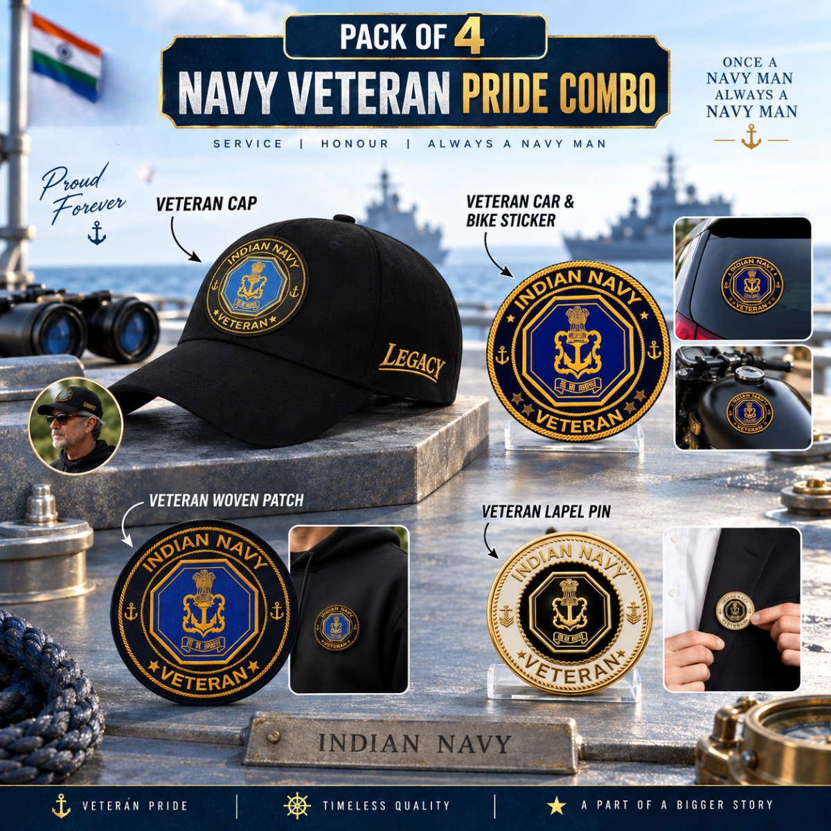 Indian Navy Veteran Pure Cotton Cap, Stickers, Patch & Pin Combo Pack
