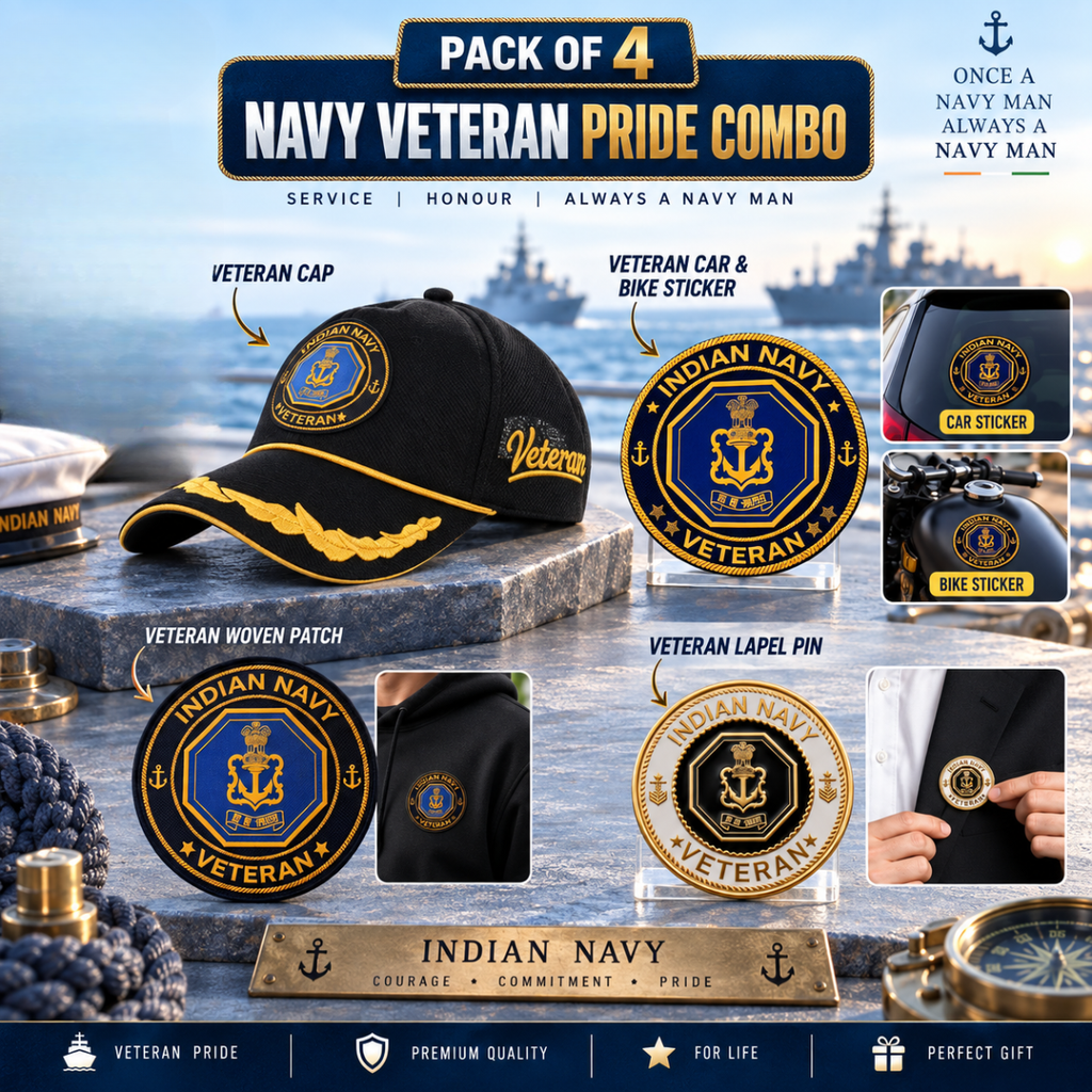 Indian Navy Officer Veteran Cap, Stickers, Patch & Pin Combo Pack