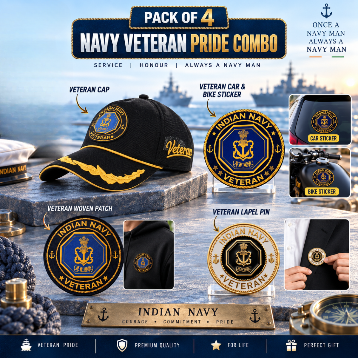 Indian Navy Officer Veteran Cap, Stickers, Patch & Pin Combo Pack