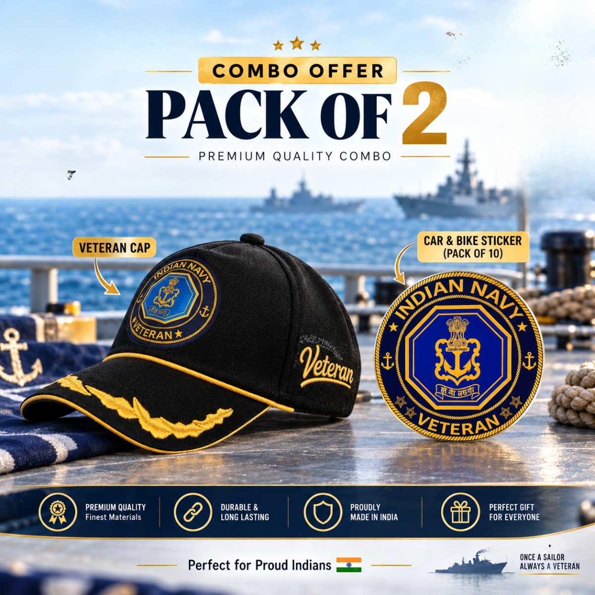 Indian Navy Officer Veteran Cap & Sticker Combo