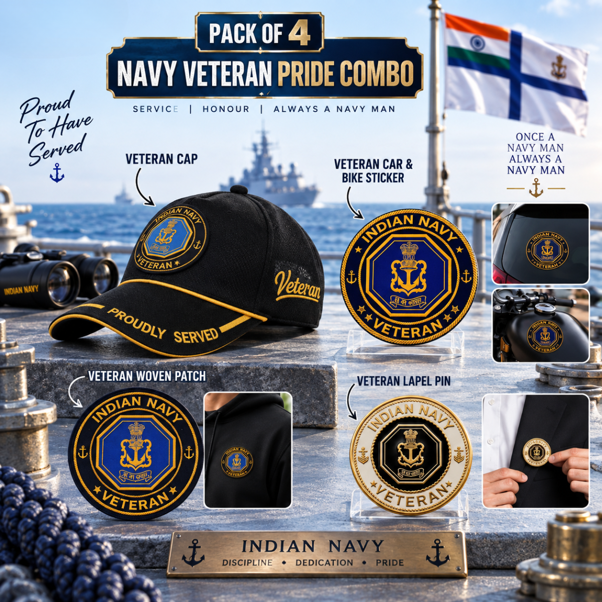 Indian Navy Proudly Veteran Cap, Stickers, Patch & Pin Combo Pack