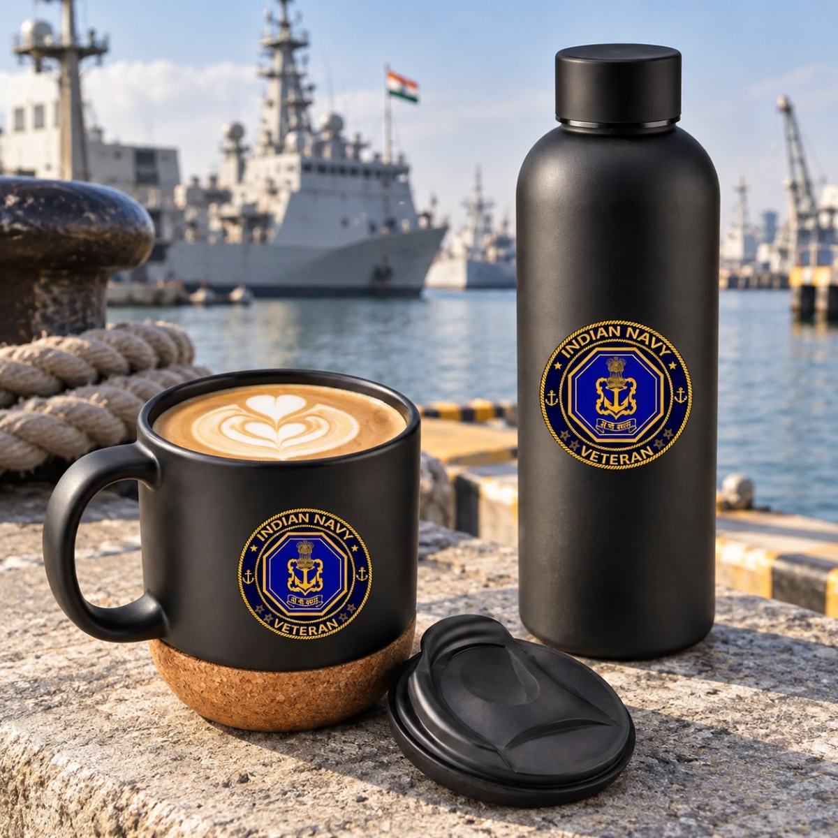 Indian Navy Veteran Matte Finish Bottle & Coffee Mug Combo Set