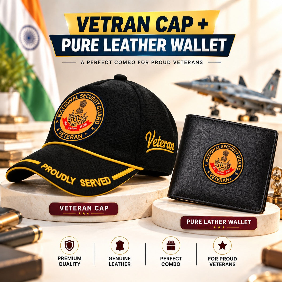 NSG Veteran Black Cap & Black Leather Wallet Combo – Premium Classic Edition