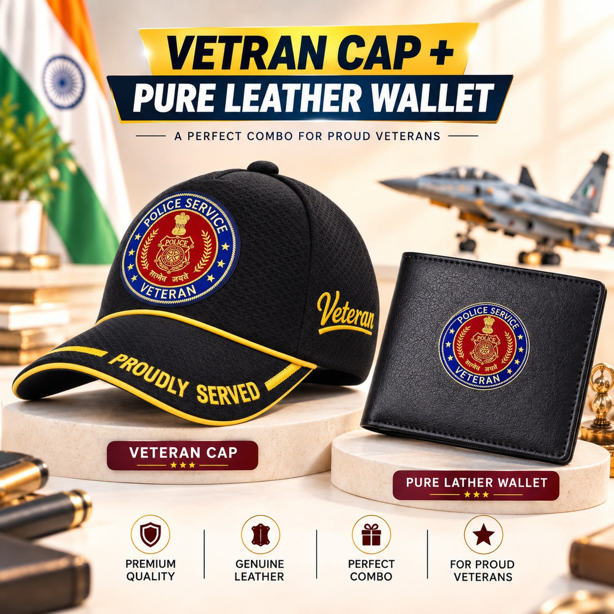 Police Service Veteran Black Cap & Black Leather Wallet Combo – Premium Classic Edition