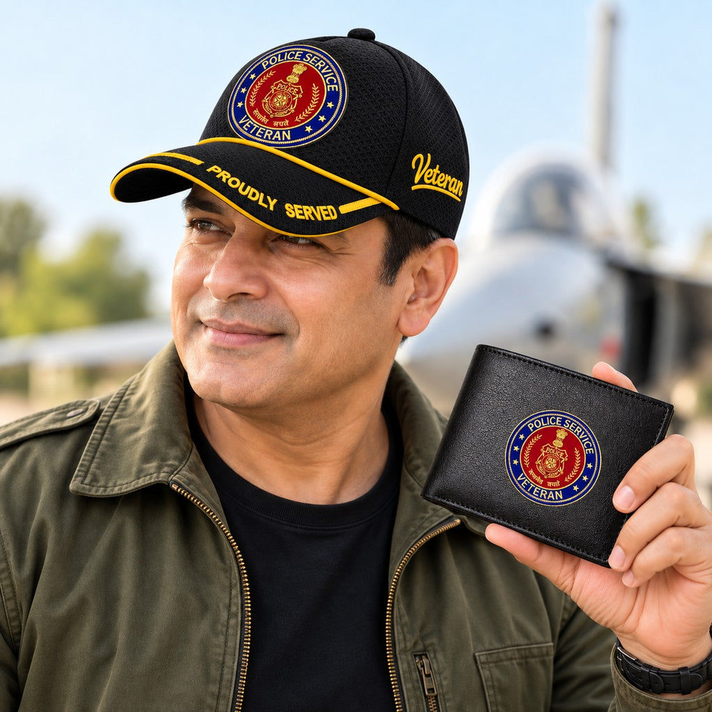 Police Service Veteran Black Cap & Black Leather Wallet Combo – Premium Classic Edition