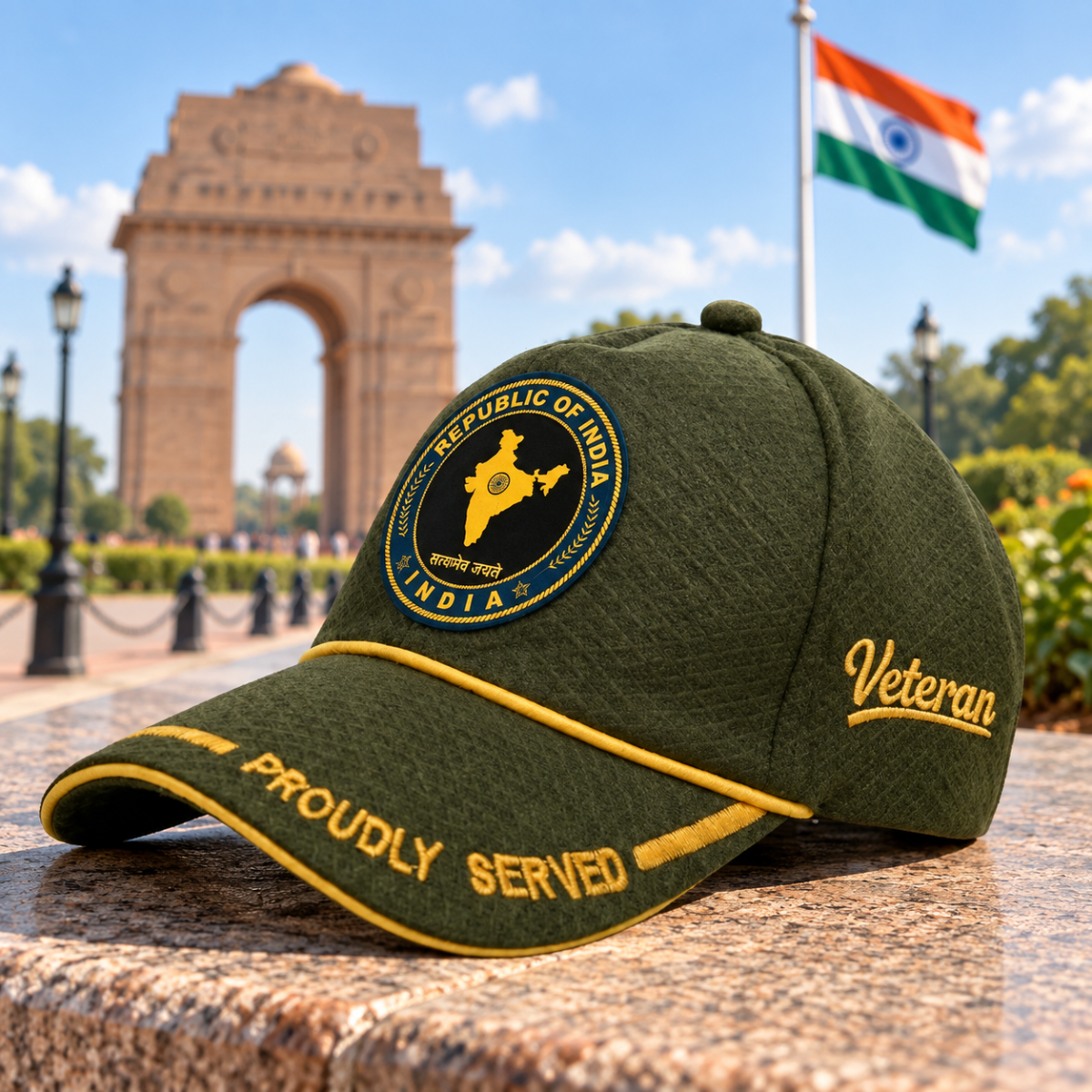 Republic of India Proudly Veteran Baseball Cap (Olive Green Color) – Premium Quality