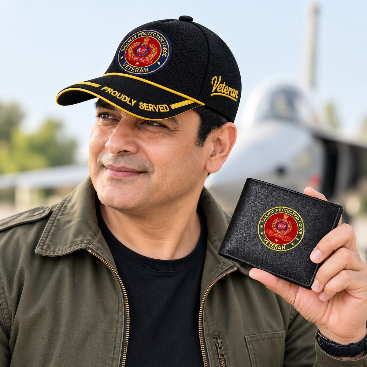 RPF (Railway Protection Force) Veteran Black Cap & Black Leather Wallet Combo – Premium Classic Edition