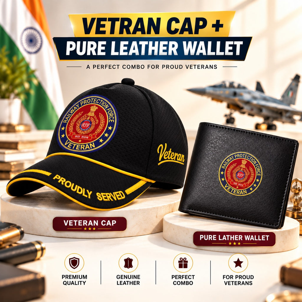 RPF (Railway Protection Force) Veteran Black Cap & Black Leather Wallet Combo – Premium Classic Edition
