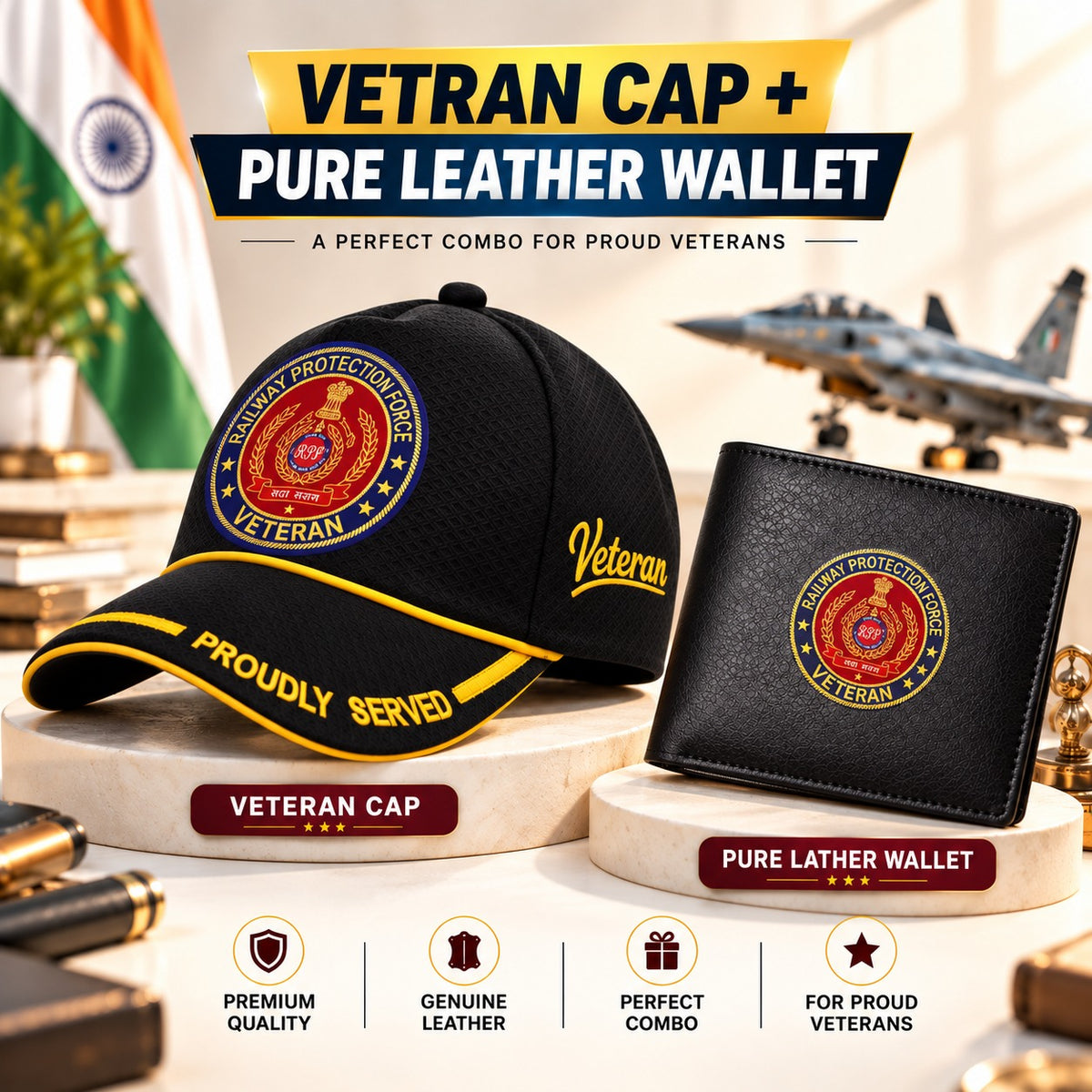 RPF (Railway Protection Force) Veteran Black Cap & Black Leather Wallet Combo – Premium Classic Edition