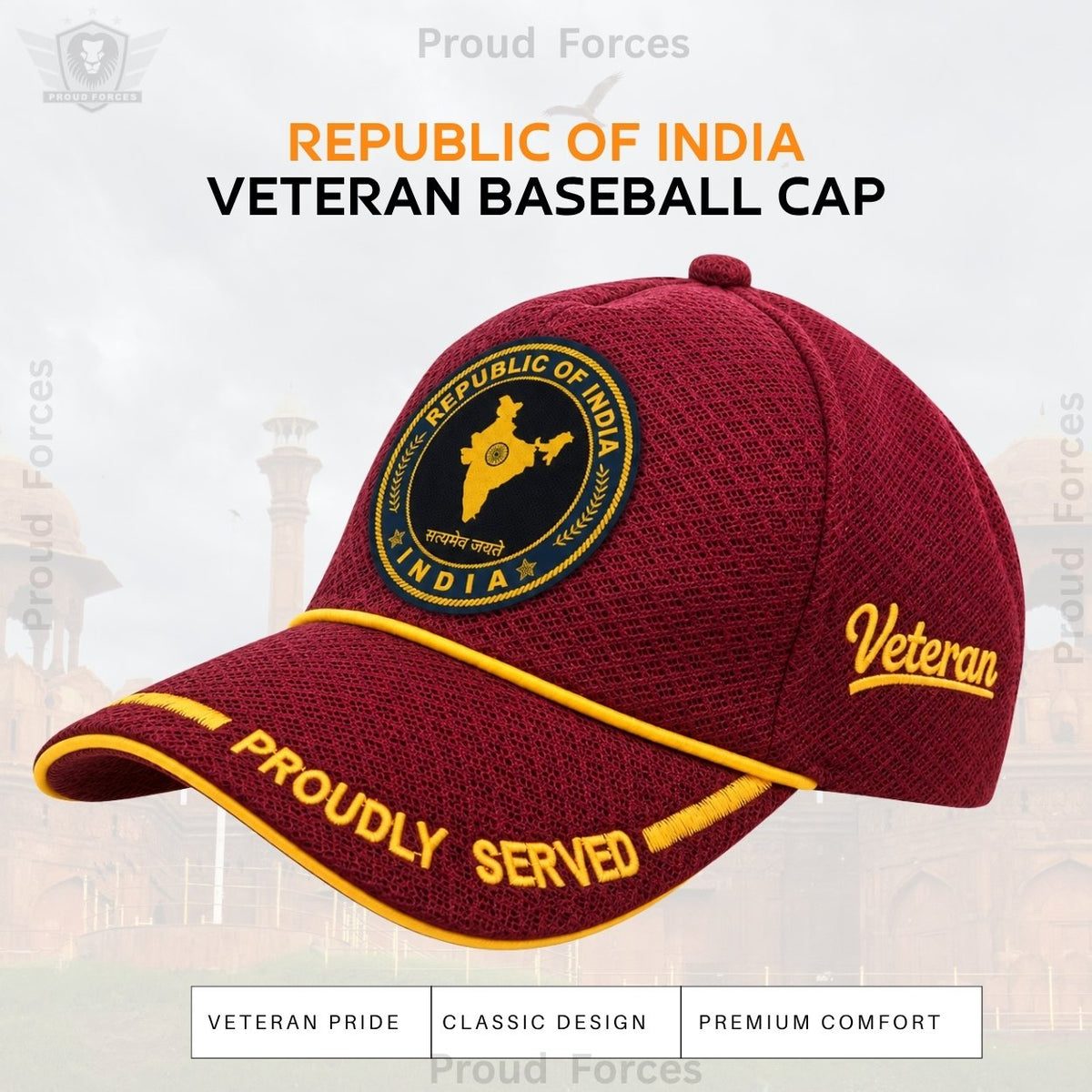 Republic of India Proudly Baseball Cap for Veterans(Maroon Color)- Premium Quality