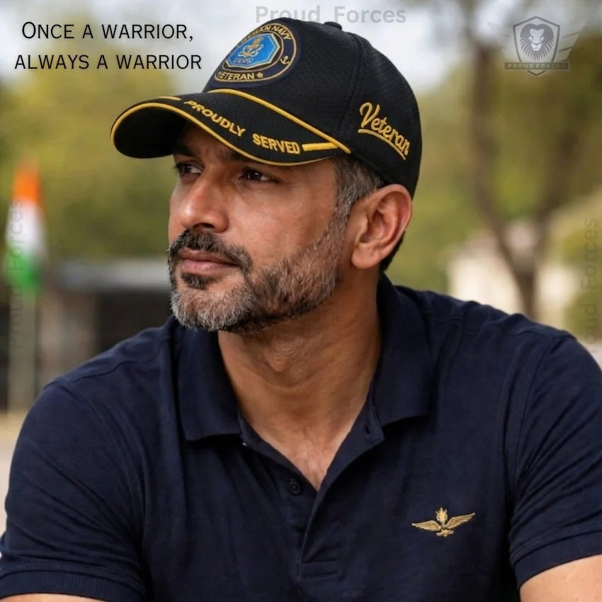 Indian Navy Veteran Black Cap & Black Leather Wallet Combo – Premium Classic Edition