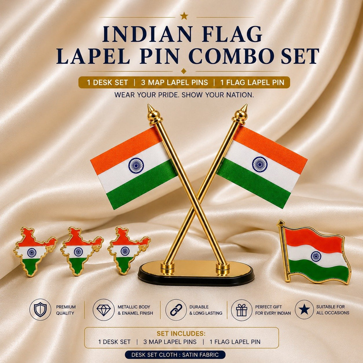 Premium Indian Flag with Lapel Pin Combo Set