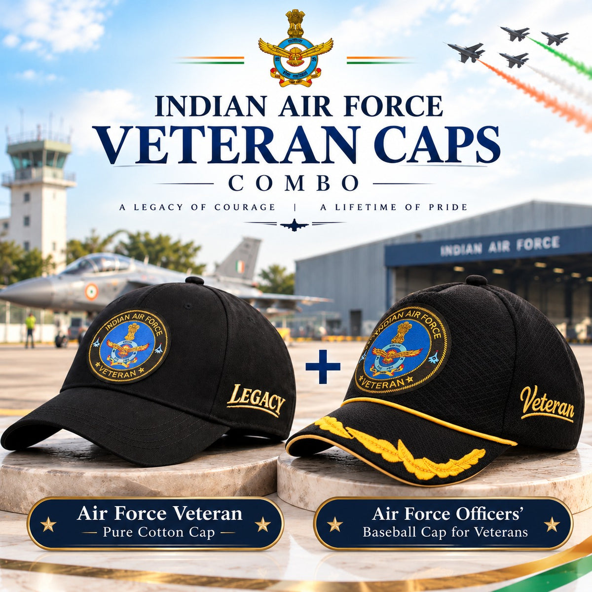 Indian Air Force Veteran Caps Combo Pack of 2 – Veteran Baseball Cap & Pure Cotton Cap