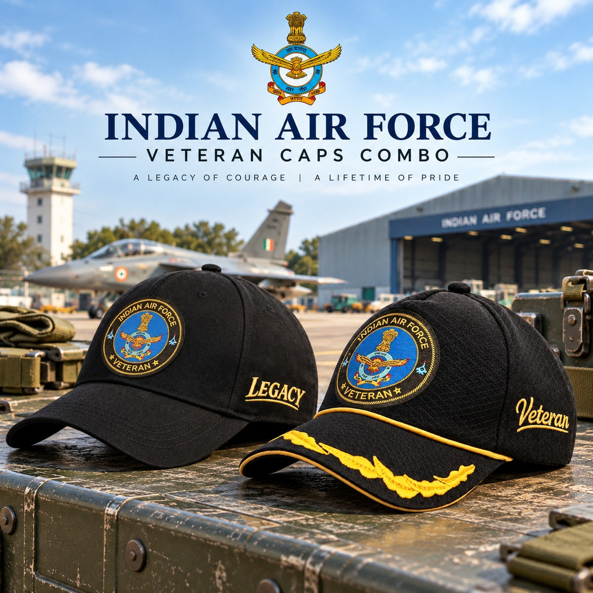Indian Air Force Veteran Caps Combo Pack of 2 – Veteran Baseball Cap & Pure Cotton Cap