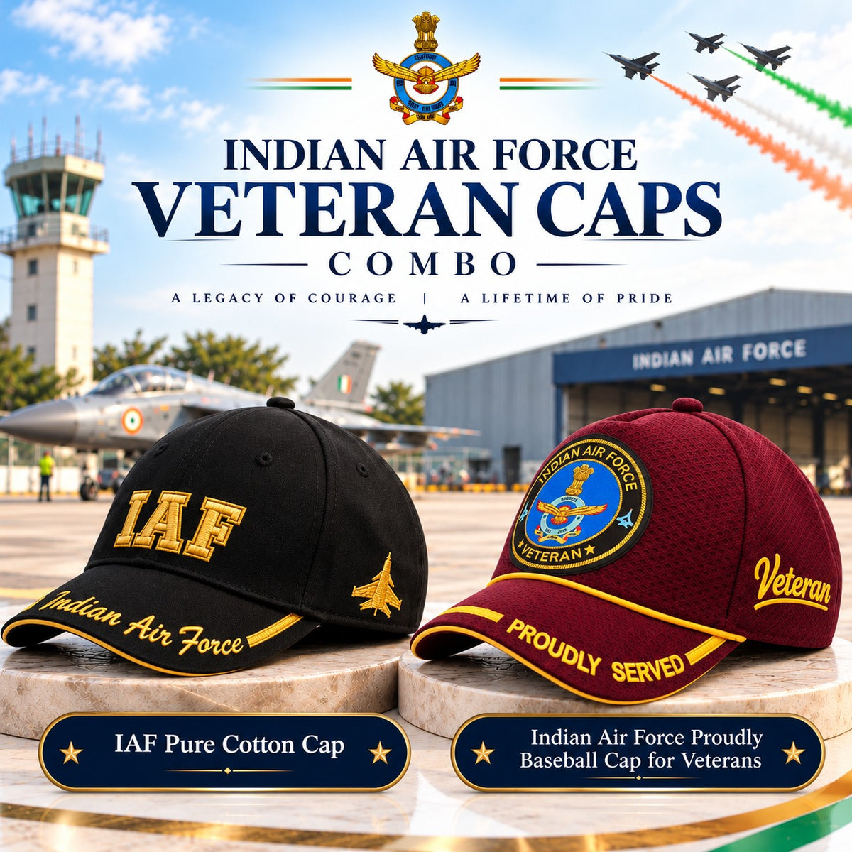 Indian Air Force Veteran Caps Combo – Pure Cotton & Proudly Served Baseball Caps