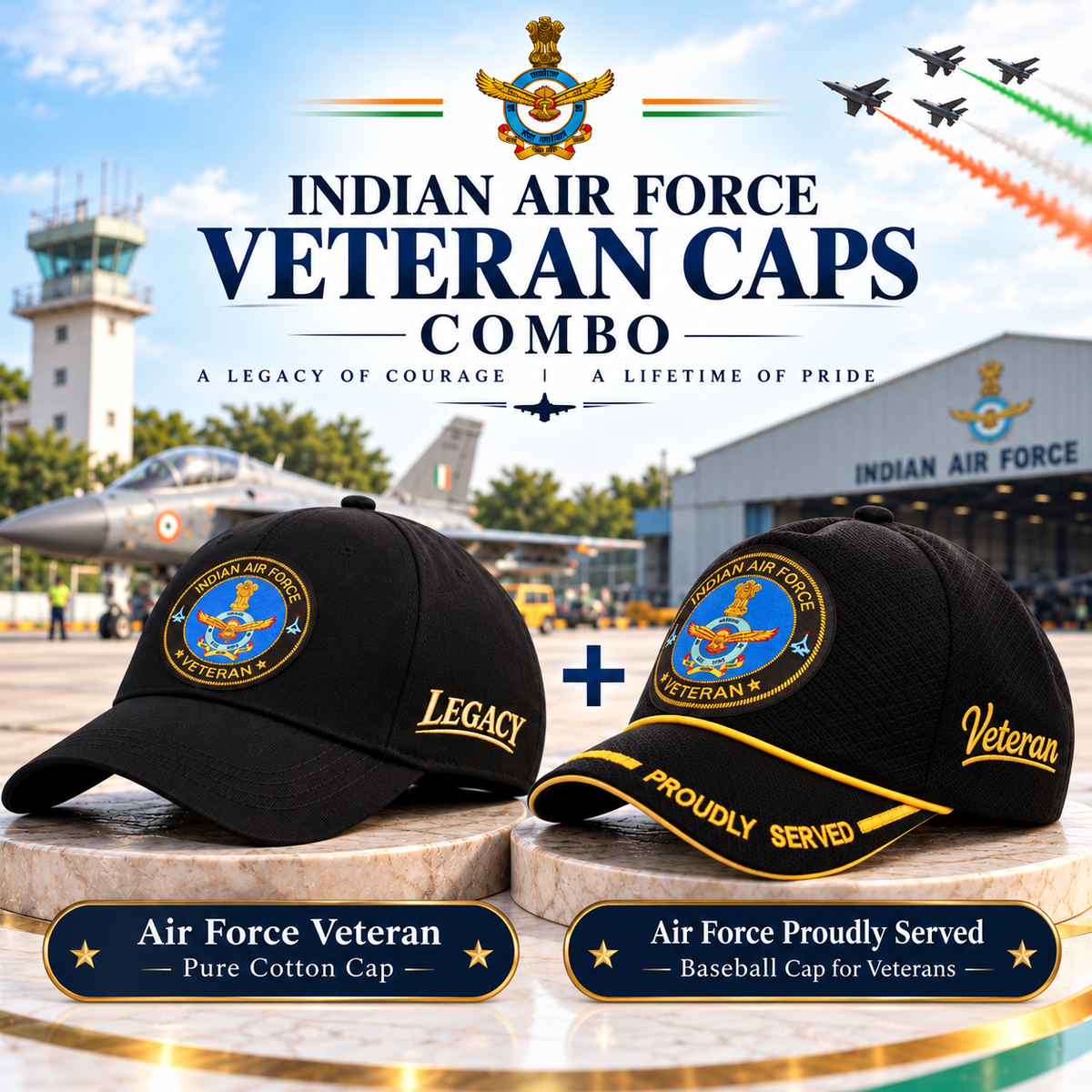 Indian Air Force Veteran Caps Combo Pack of 2 – Proudly Served Baseball Cap & Pure Cotton Cap