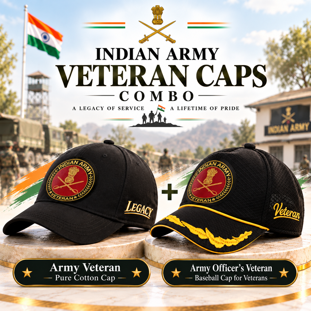Indian Army Veteran Caps Combo Pack of 2 – Veteran Baseball Cap & Pure Cotton Cap