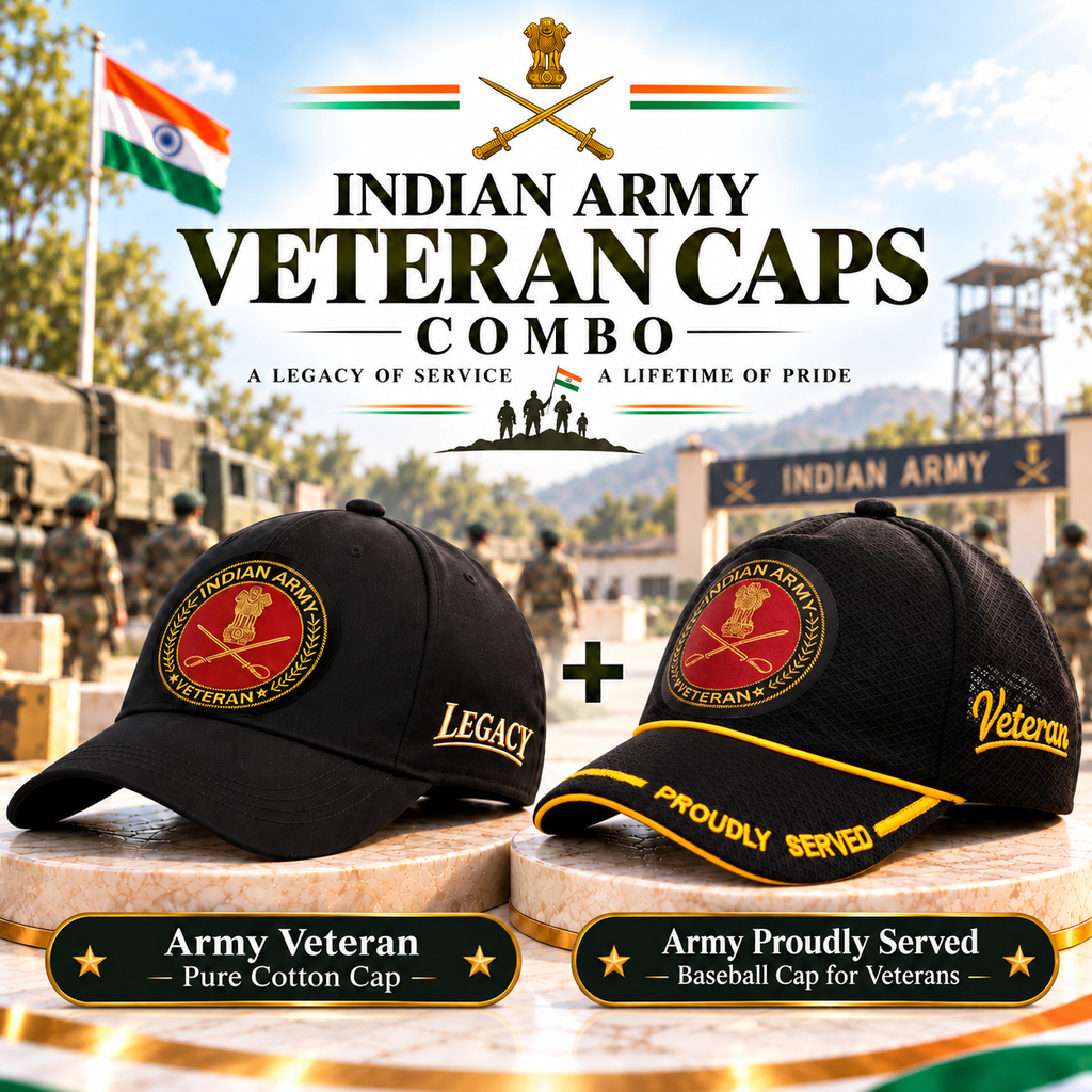 Indian Army Veteran Caps Combo Pack of 2 – Proudly Served Baseball Cap & Pure Cotton Cap