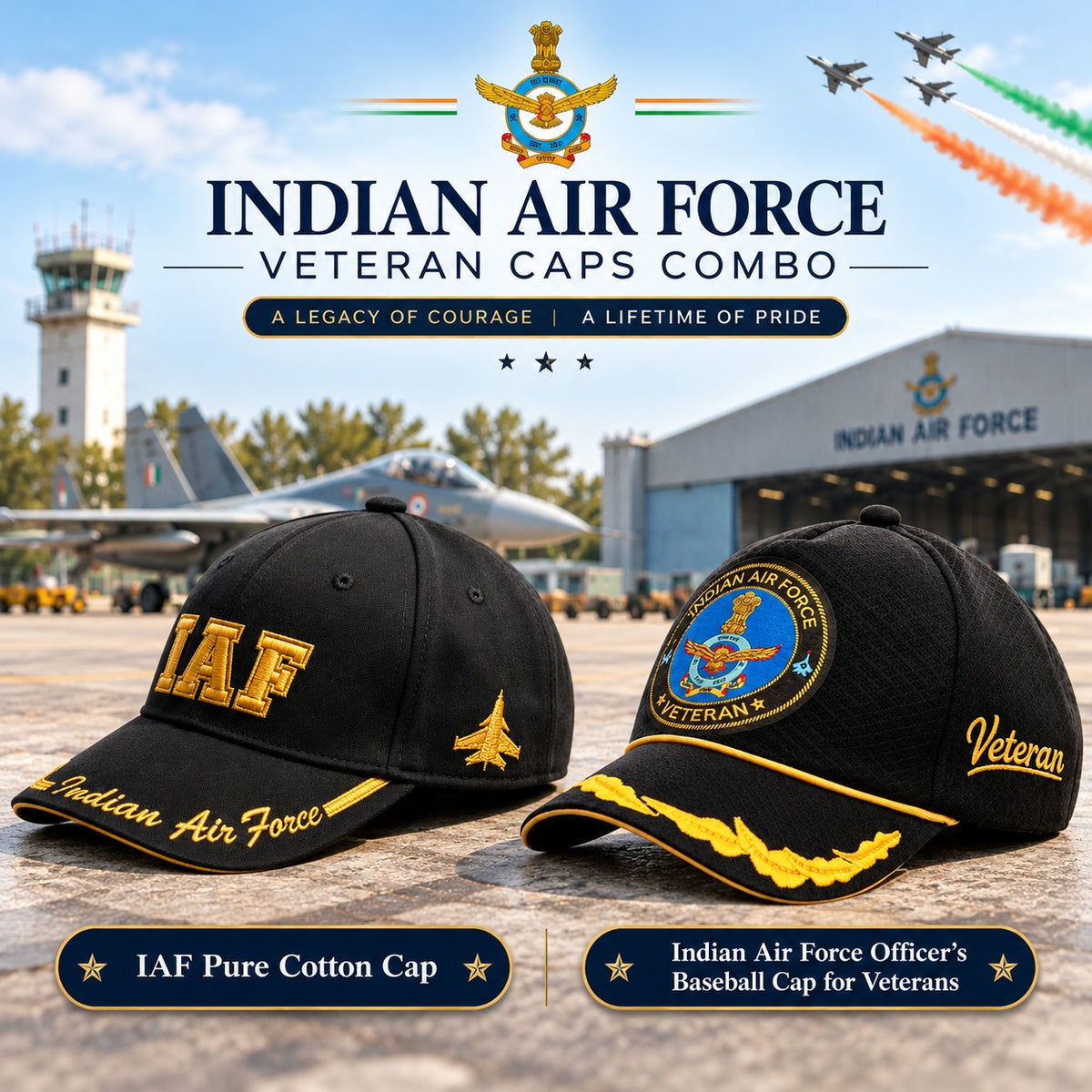 Indian Air Force Veteran Caps Combo – Pure Cotton & Officer's Baseball Caps