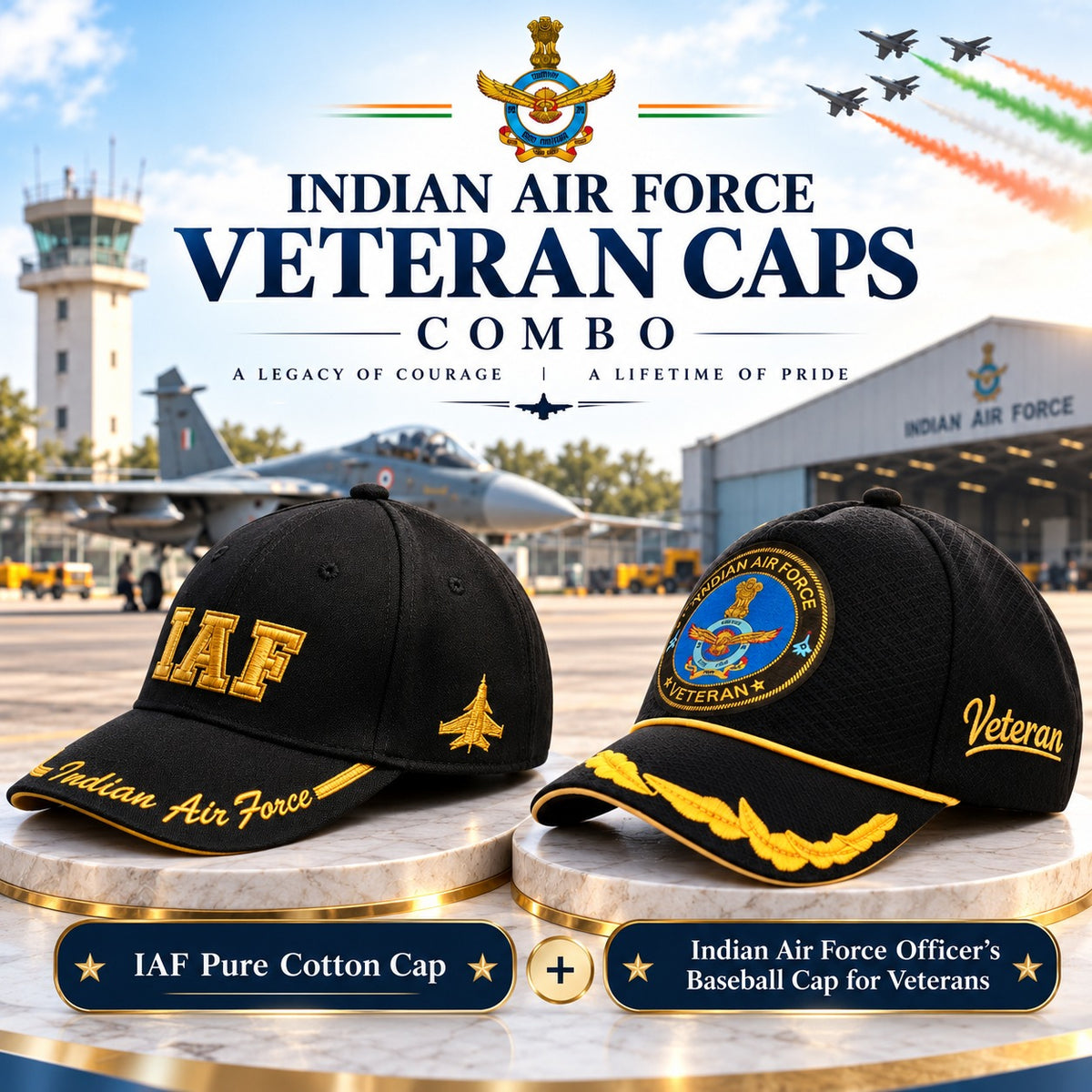 Indian Air Force Veteran Caps Combo – Pure Cotton & Officer's Baseball Caps