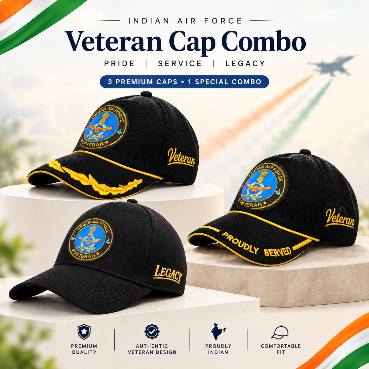 Indian Air Force Veteran 3 Caps Combo Pack – Proudly Served, Officer's & Pure Cotton Caps