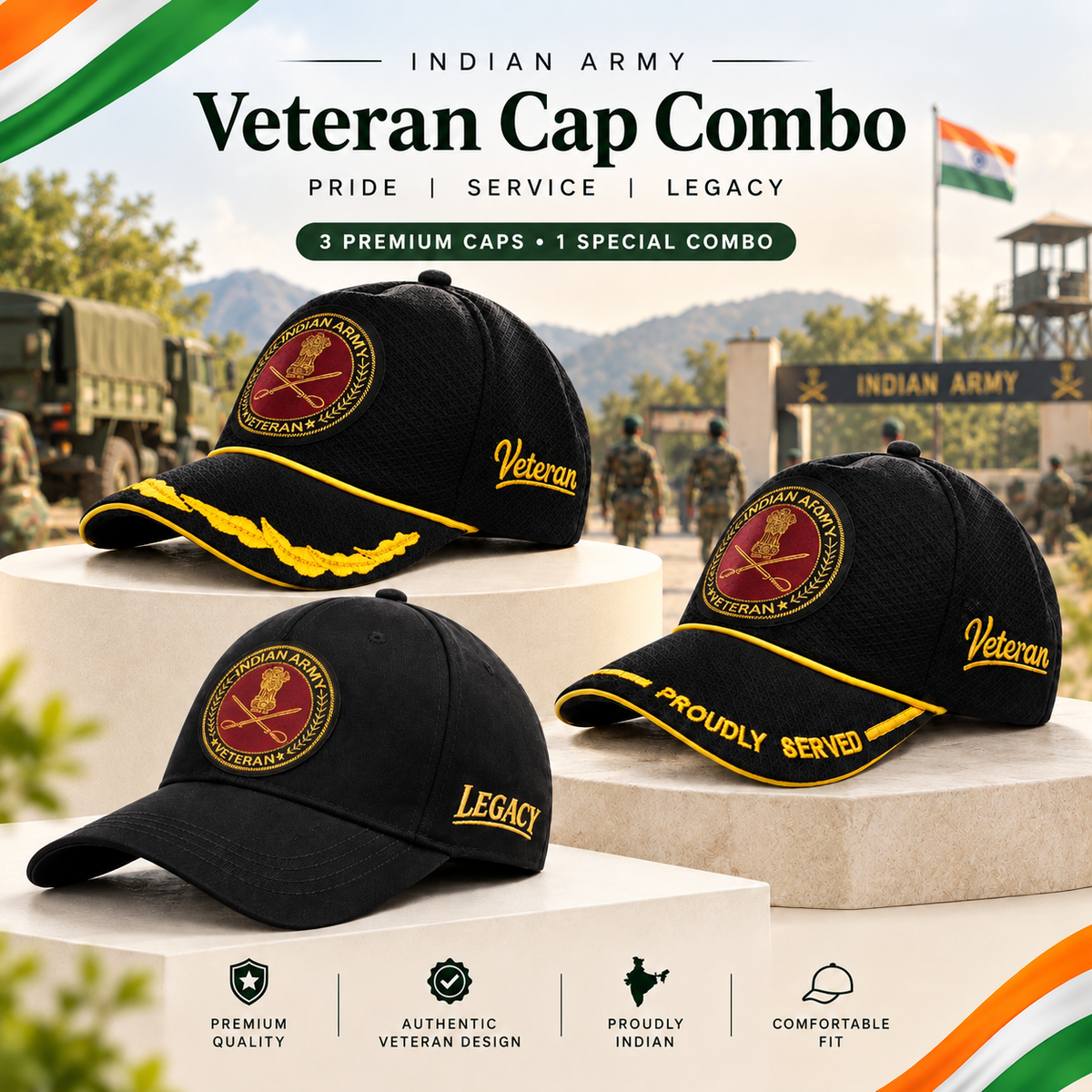 Indian Army Veteran 3 Caps Combo Pack – Proudly Served, Officer's & Pure Cotton Caps