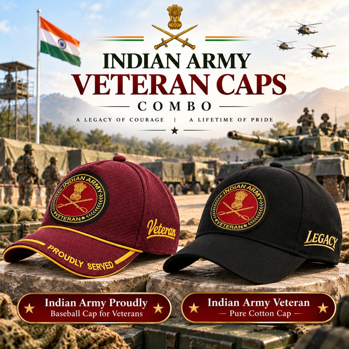 Indian Army Veteran Caps Combo – Pure Cotton & Proudly Served Baseball Caps