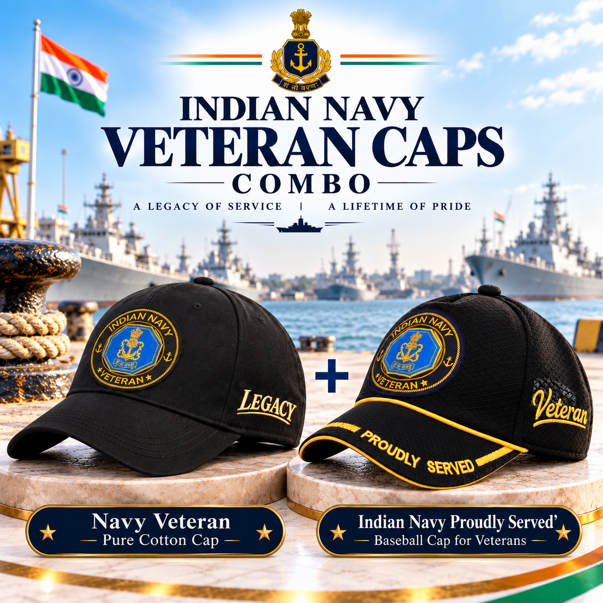 Indian Navy Veteran Caps Combo Pack of 2 – Proudly Served Baseball Cap & Pure Cotton Cap