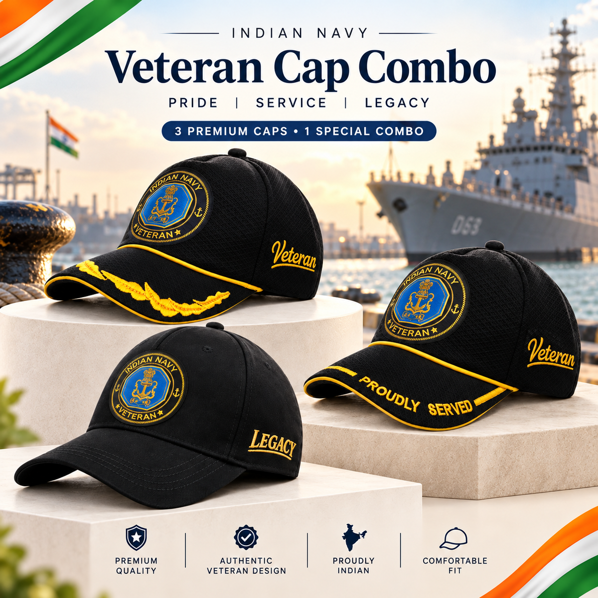 Indian Navy Veteran 3 Caps Combo Pack – Proudly Served, Officer's & Pure Cotton Caps