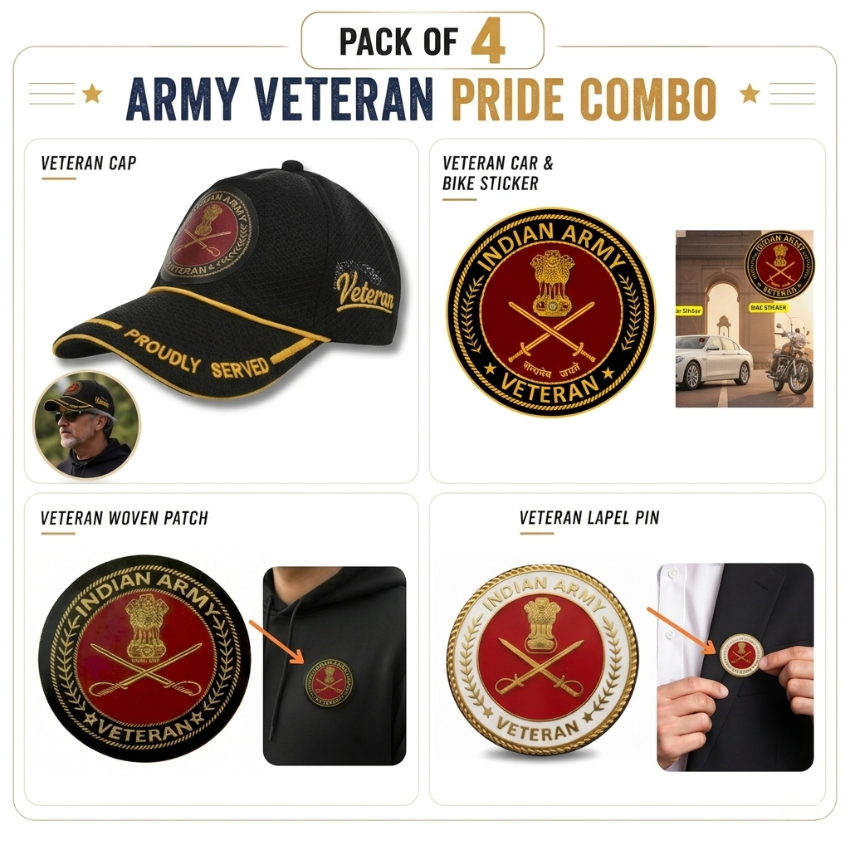 Indian Army Proudly Veteran Cap, Stickers, Patch & Pin Combo Pack