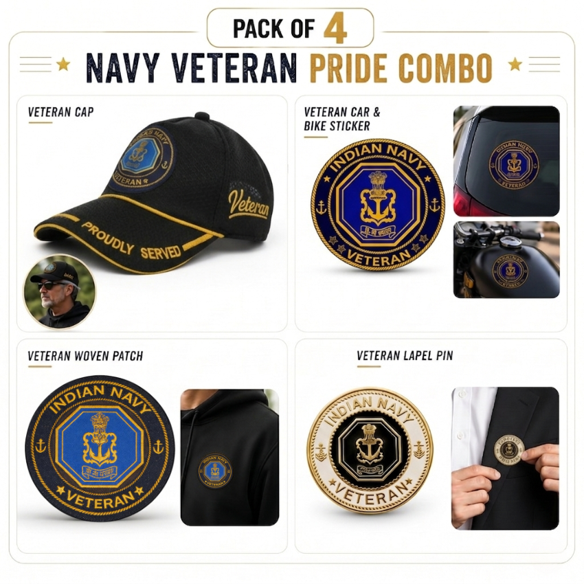 Indian Navy Proudly Veteran Cap, Stickers, Patch & Pin Combo Pack