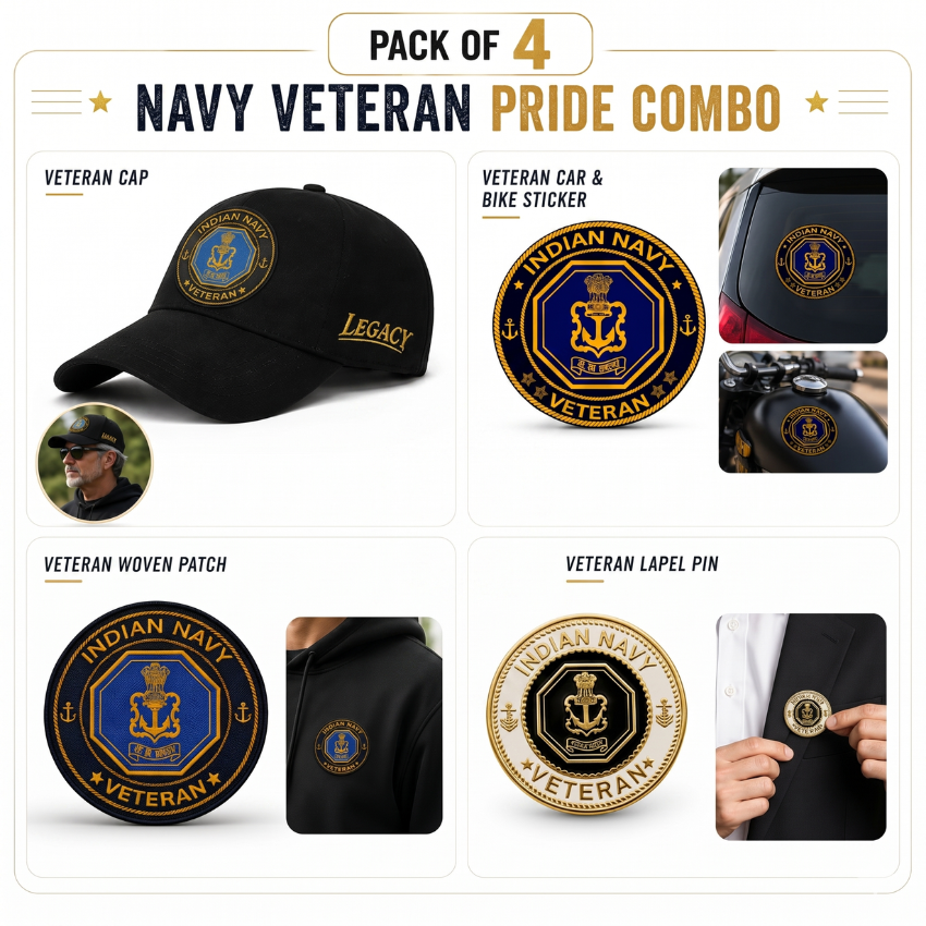 Indian Navy Veteran Pure Cotton Cap, Stickers, Patch & Pin Combo Pack