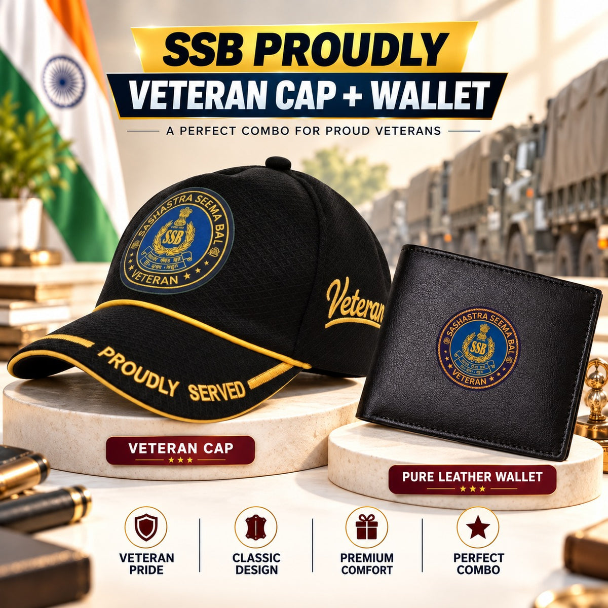SSB (Sashastra Seema Bal) Veteran Black Cap & Black Leather Wallet Combo – Premium Classic Edition
