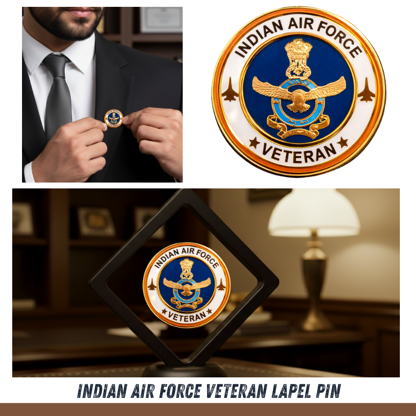 Indian Air Force Officer Veteran Cap, Stickers, Patch & Pin Combo Pack