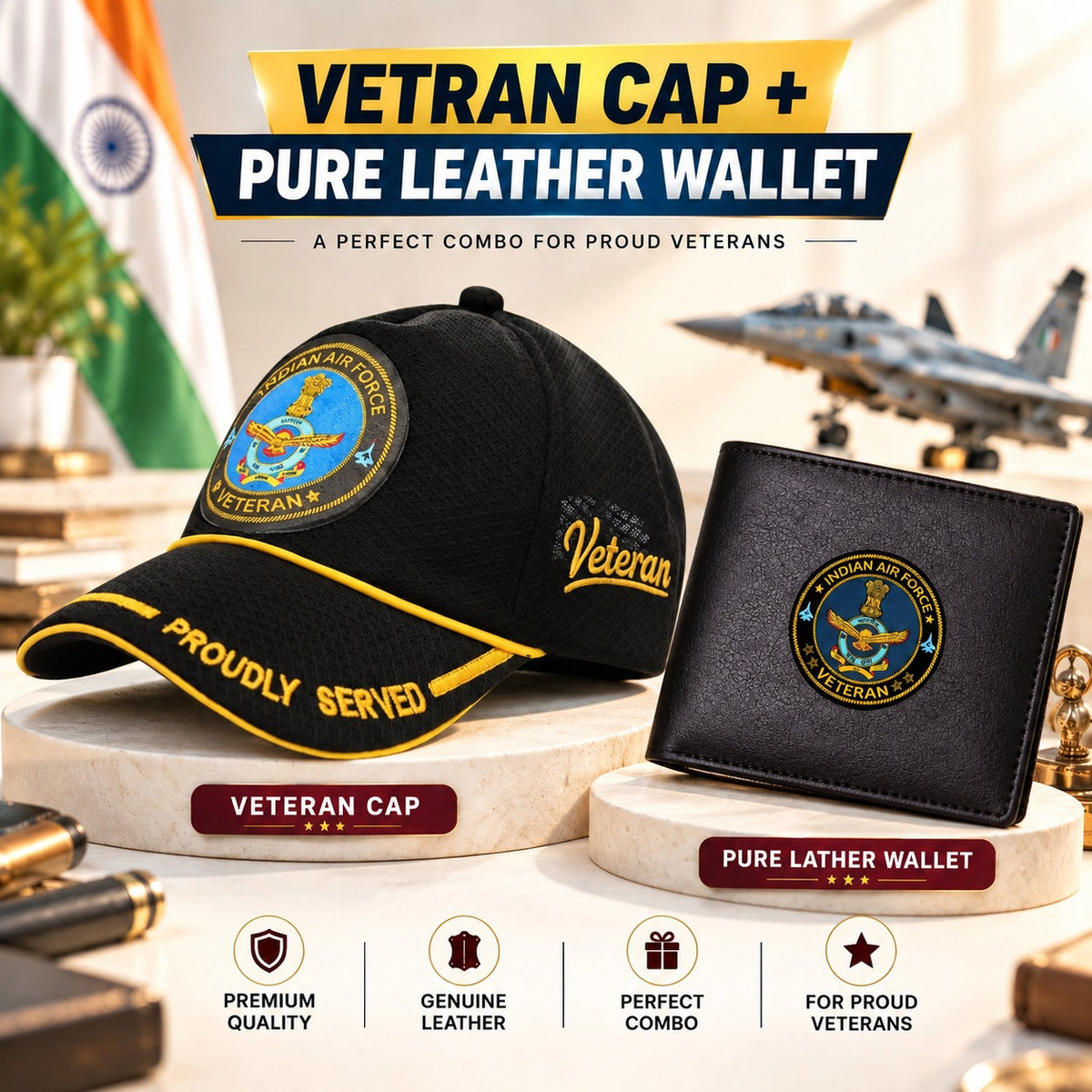 Indian Air Force Veteran Black Cap & Black Leather Wallet Combo – Premium Classic Edition