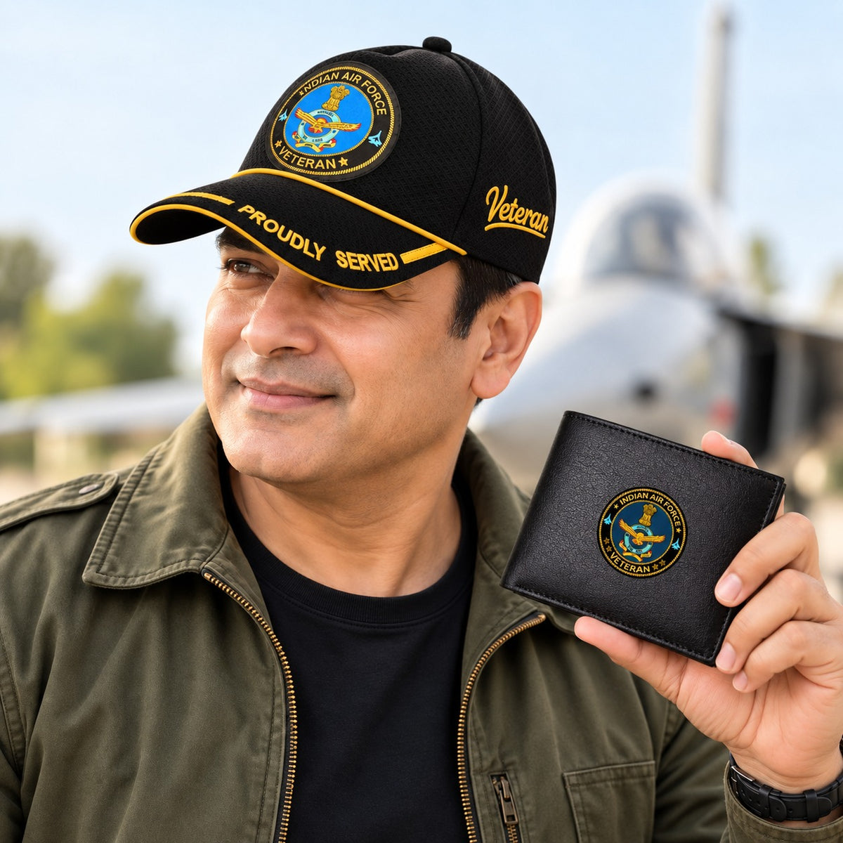 Indian Air Force Veteran Black Cap & Black Leather Wallet Combo – Premium Classic Edition