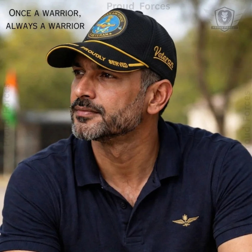 Indian Air Force Veteran Black Cap & Black Leather Wallet Combo – Premium Classic Edition