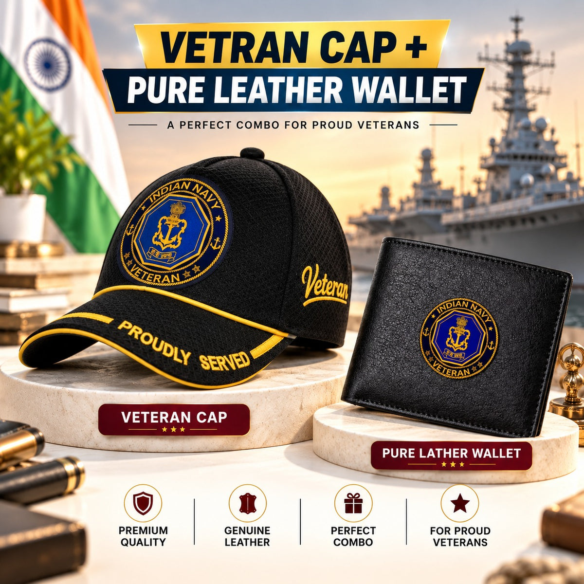 Indian Navy Veteran Black Cap & Black Leather Wallet Combo – Premium Classic Edition