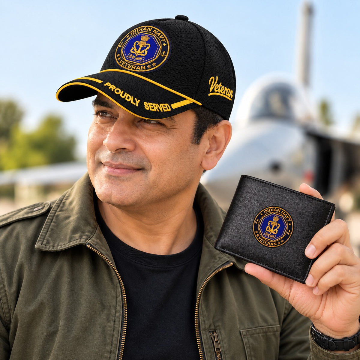 Indian Navy Veteran Black Cap & Black Leather Wallet Combo – Premium Classic Edition