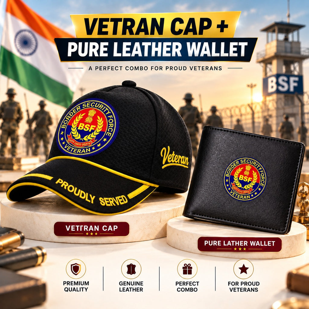 BSF Veteran Black Cap & Black Leather Wallet Combo – Premium Classic Edition