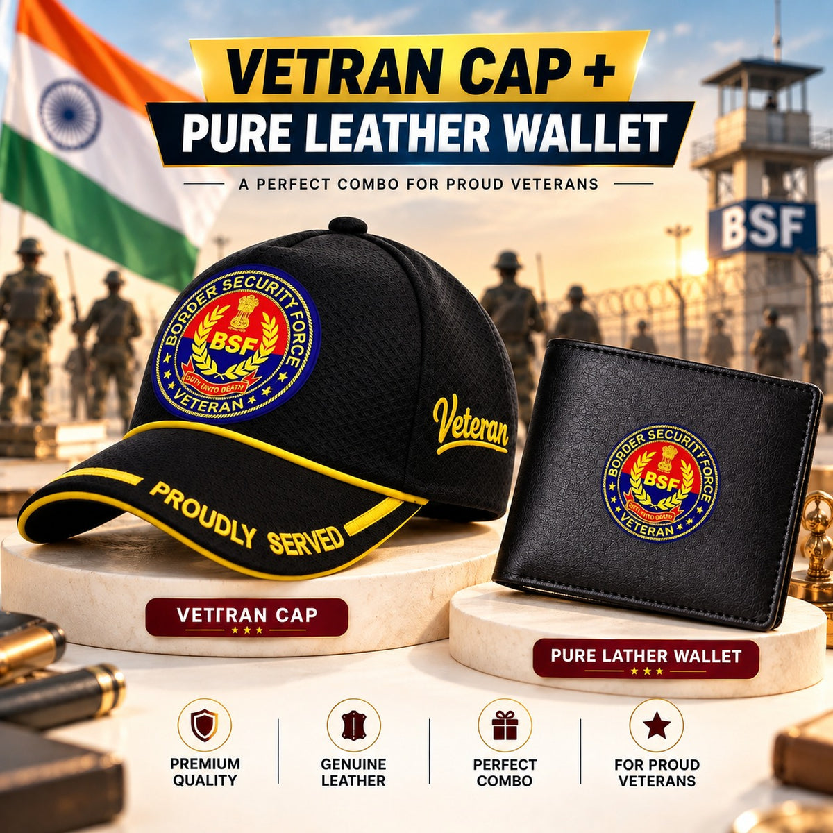 BSF Veteran Black Cap & Black Leather Wallet Combo – Premium Classic Edition