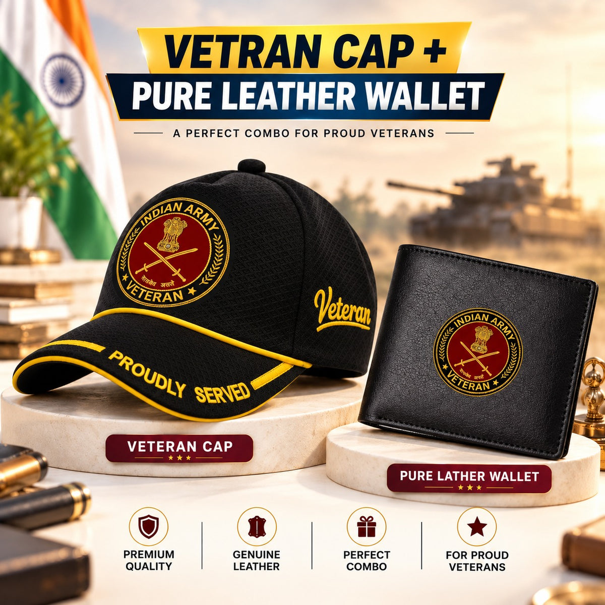 Indian Army Veteran Black Cap & Black Leather Wallet Combo – Premium Classic Edition