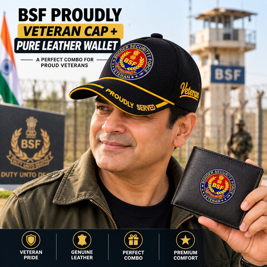 BSF Veteran Black Cap & Black Leather Wallet Combo – Premium Classic Edition