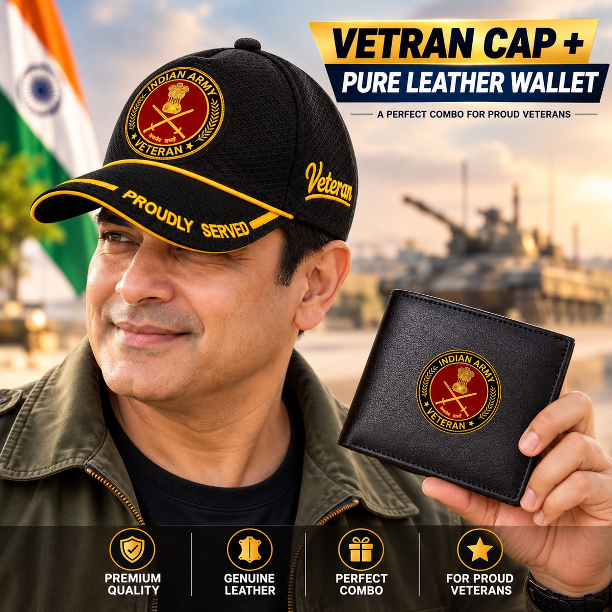 Indian Army Veteran Black Cap & Black Leather Wallet Combo – Premium Classic Edition