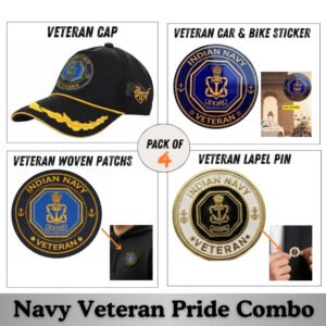 Indian Navy Officer Veteran Cap, Stickers, Patch & Pin Combo Pack