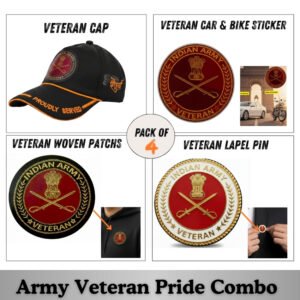 Indian Army Proudly Veteran Cap, Stickers, Patch & Pin Combo Pack