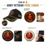 Indian Army Proudly Veteran Cap, Stickers, Patch & Pin Combo Pack